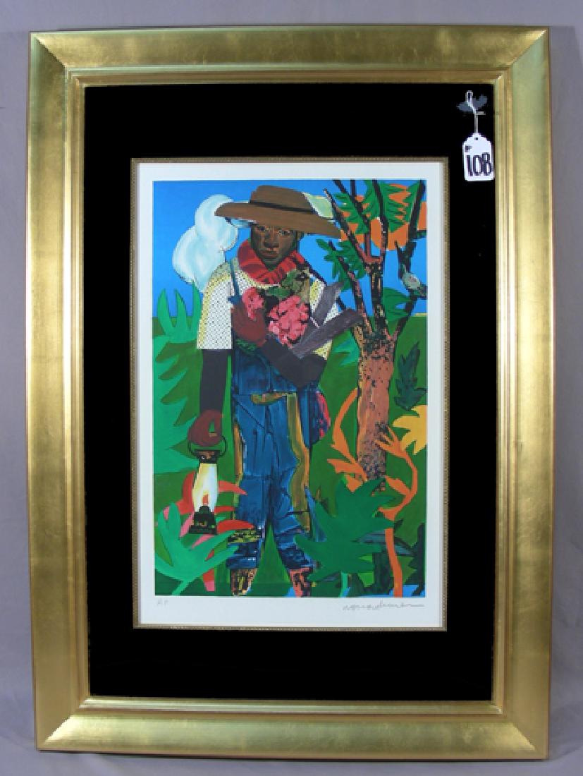 ROMARE BEARDEN (1911-1988) AMERICAN: Artist Proof Lithograph "The Lantern". Signed in plate. Circa 1979. Professionally framed. Image 28 1/2" x 19 3/4", Overall 42" x 30".