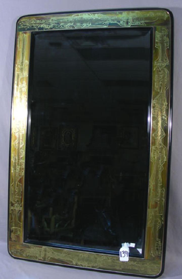 BERNHARD ROHNE ACID ETCHED & BEVELED MIRROR FOR: Very fine beveled glass mirror with acid etched brass frame. Original Mastercraft tag and sticker. Overall 51 1/2" x 32 1/4".