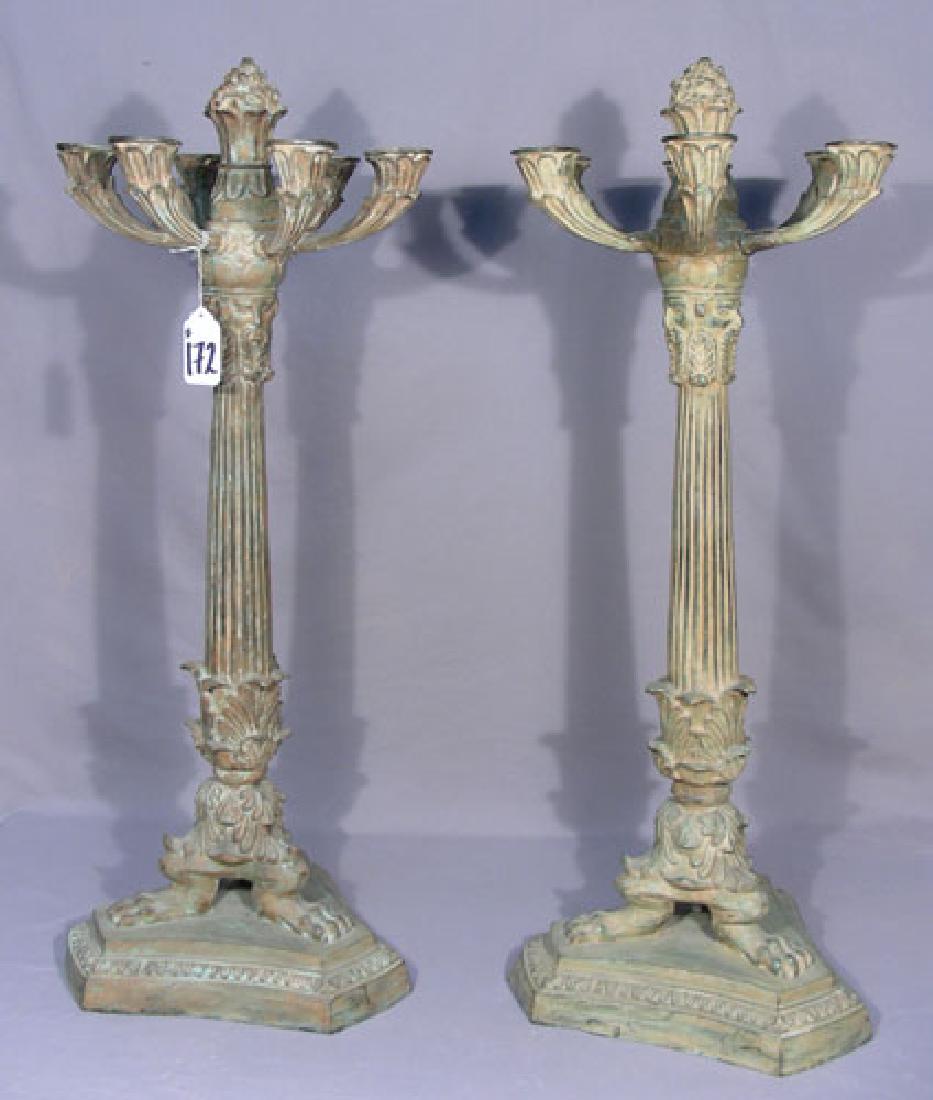 PAIR HEAVY BRONZE CANDELABRA: Pair of heavy bronze six light floor candelabra. Claw feet. Busts of men. 36 1/2" high, 14" wide