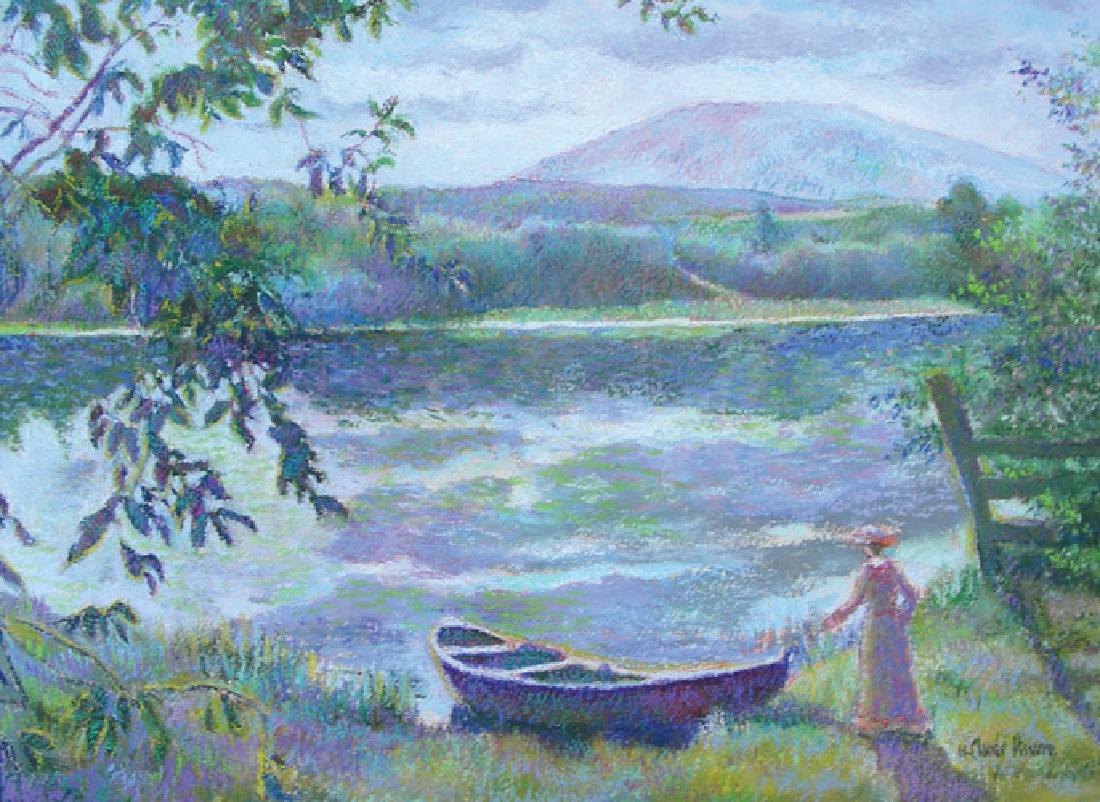 H. CLAUDE PISSARRO (1935- ) FRENCH: Original Pastel "Barque Sur L'Orne a Clecy". Hand signed. Original Pissarro Studio's certificate with thumb print and registration number. Professionally framed. Image 14 1/2" x 20", Overall 35" x 41"