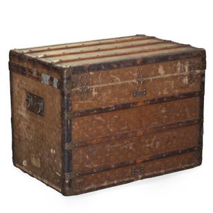 Antique Louis Vuitton Cloth Cabin Trunk: DESCRIPTION: An antique cloth Louis Vuitton cabin trunk. The exterior is bound in cloth embellished with traditional Louis Vuitton pattern with wooden panels, leather accents, and brass and cast iron