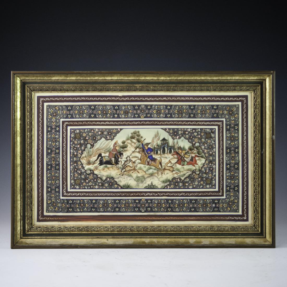 Farah Toor Persian Painting on Bone: DESCRIPTION: A Persian painting on bone by artist Farah Toor. Features a rendering of regal Persian men hunting on horseback with spear weapons backed by a scenic landscape backdrop of tree lined hill
