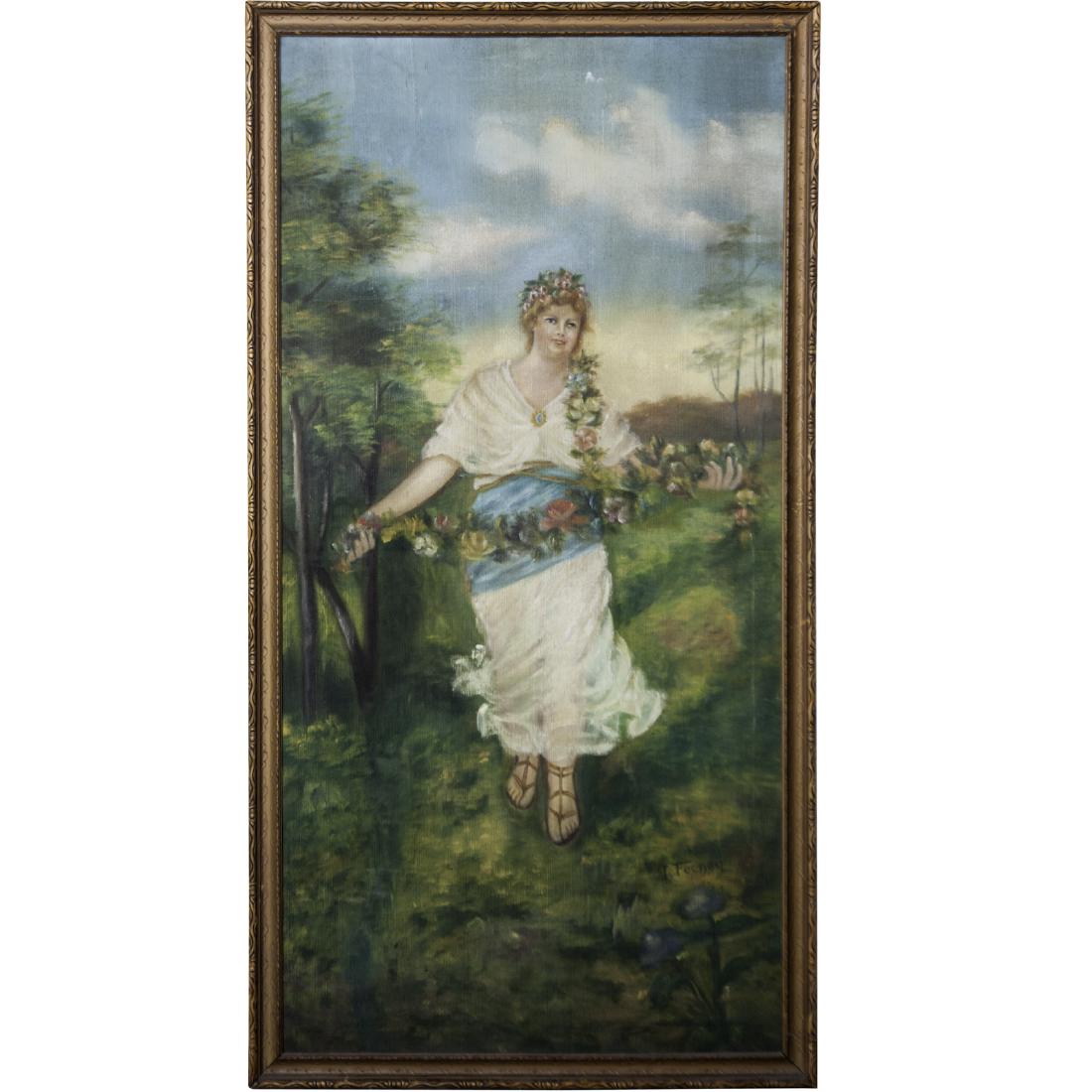 Antique Oil on Canvas Signed:"I. Feensy": DESCRIPTION: An antique oil on canvas painting of a Neo-Classical Greco-Roman blonde maiden, holding a string of flowers standing in a verdant valley lined by trees and finished with a scenic landscap