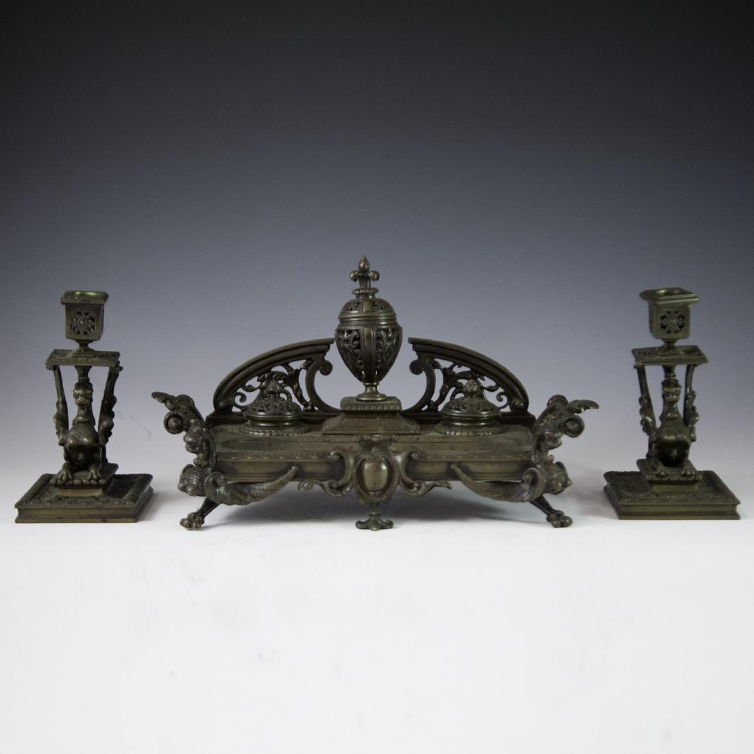 Antique French Bronze Gothic Inkwell Garniture (1 of 7)