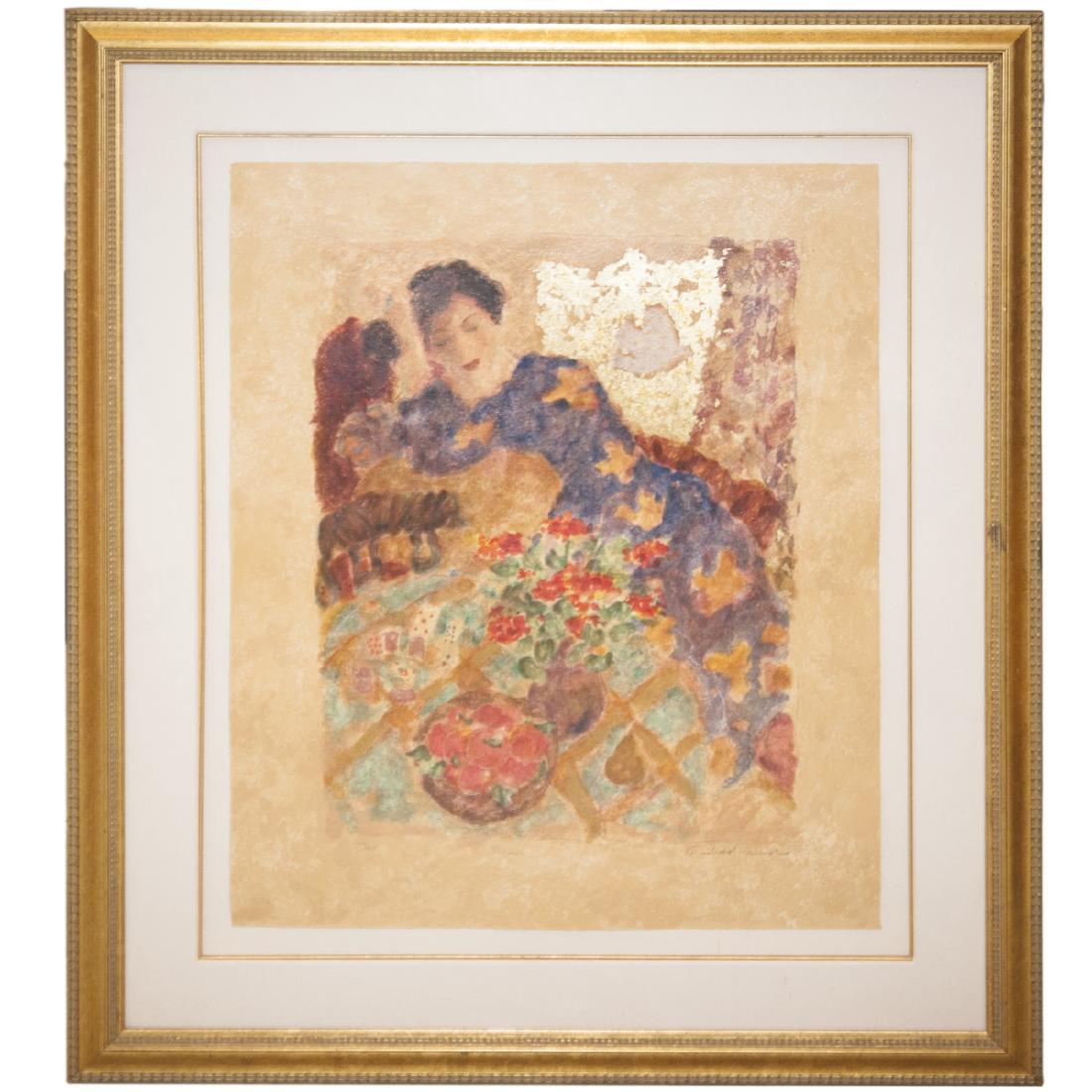 Roy Fairchild-Woodard (English b. 1953): DESCRIPTION: A serigraph by Roy Fairchild-Woodard titled:"Patience". Features a rendering of a women seated next to a table with flowers and fruits presented on the table. Finished with gold leaf acce