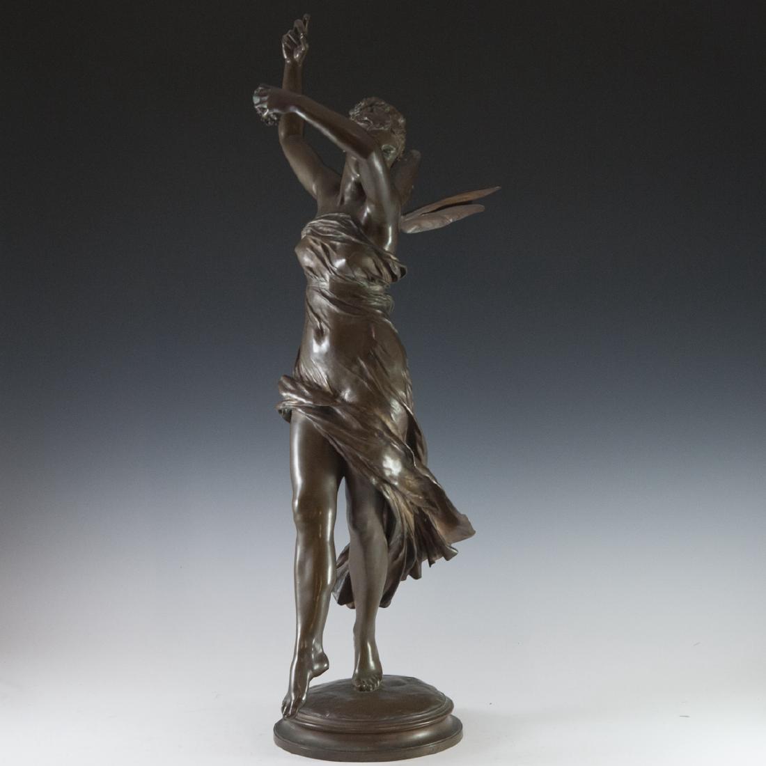 Eugene Delaplanche (French 1836-1891): DESCRIPTION: A Barbedienne foundry cast of Eugene Delaplanche's "Zephyr". Depicts a winged fairy nymph, dancing with her arms raised, clutching a cluster of flowers in her left hand. Seen here draped 