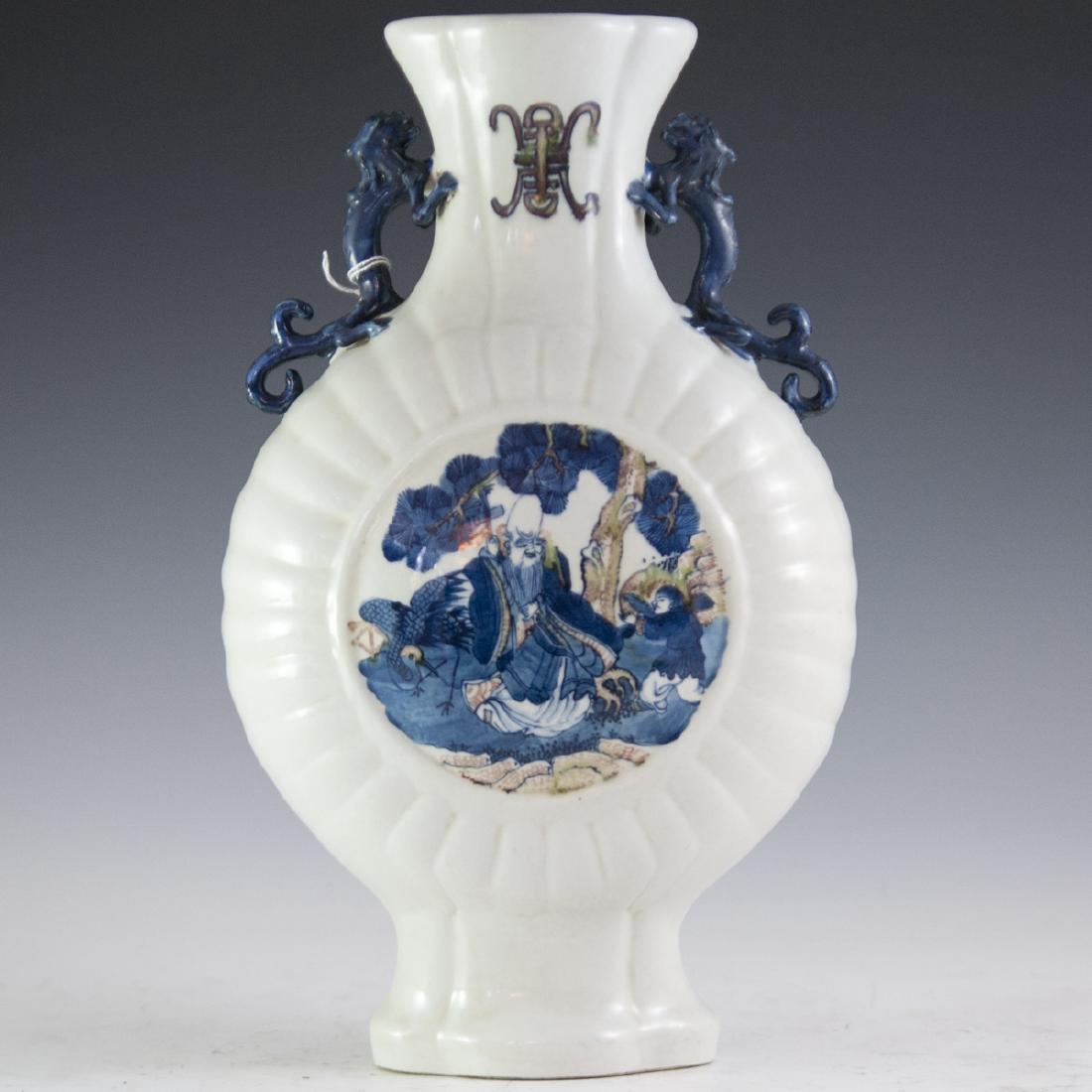 Chinese Kangxi Stamped Porcelain Moon Flask Vase: DESCRIPTION: A Chinese porcelain moon flask vase. Features a rotund form with ridges along the body, enveloping a scenes of a wiseman interacting with a child backed by trees. Marked on the bottom wit