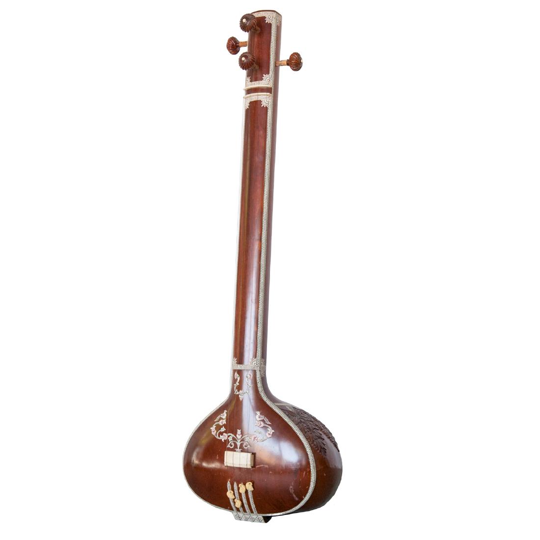 Large Wooden & Inlaid Bone Sitar: DESCRIPTION: An antique, large wooden sitar Hindu stringed instrument. Features an overall wooden foundation, inlaid with scrimshaw and polychromed bone accents with bird, and winding floral motifs, a