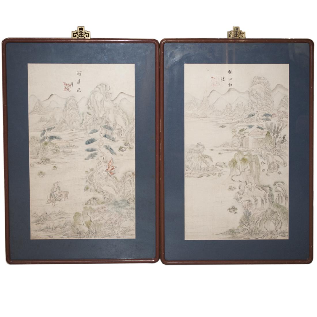 Chinese Watercolor Paintings: DESCRIPTION: Pair of Chinese watercolor paintings. One features a man, resting atop the the edge of a cliff along a river bank, smoking from a pipe, backed by a mountainous landscape backdrop. The oth