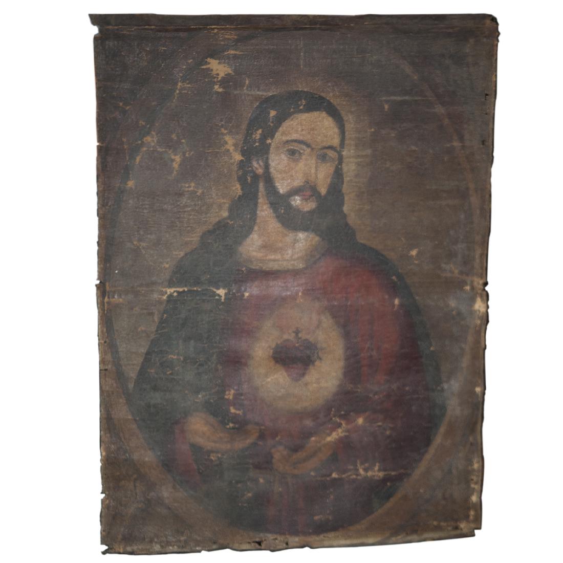 Antique Religious Oil on Cloth Jesus Painting (1 of 5)