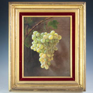 Andrew John Henry Way (American, 1826-1888): DESCRIPTION: An oil on canvas painting by Andrew John Henry Way. Features a still life rendering of a cluster of white grapes dangling from a vine. Unsigned but marked on the back with a stamp that re