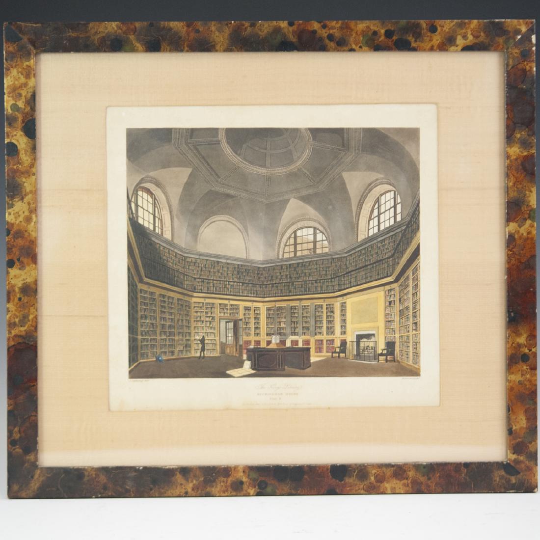 James Stephanoff (English 1788-1874): DESCRIPTION: A James Stephanoff color print titled:"The King's Library Buckingham House Plate II". Features a rendering of the library with a figure reading from a book. Marked along bottom left of pl