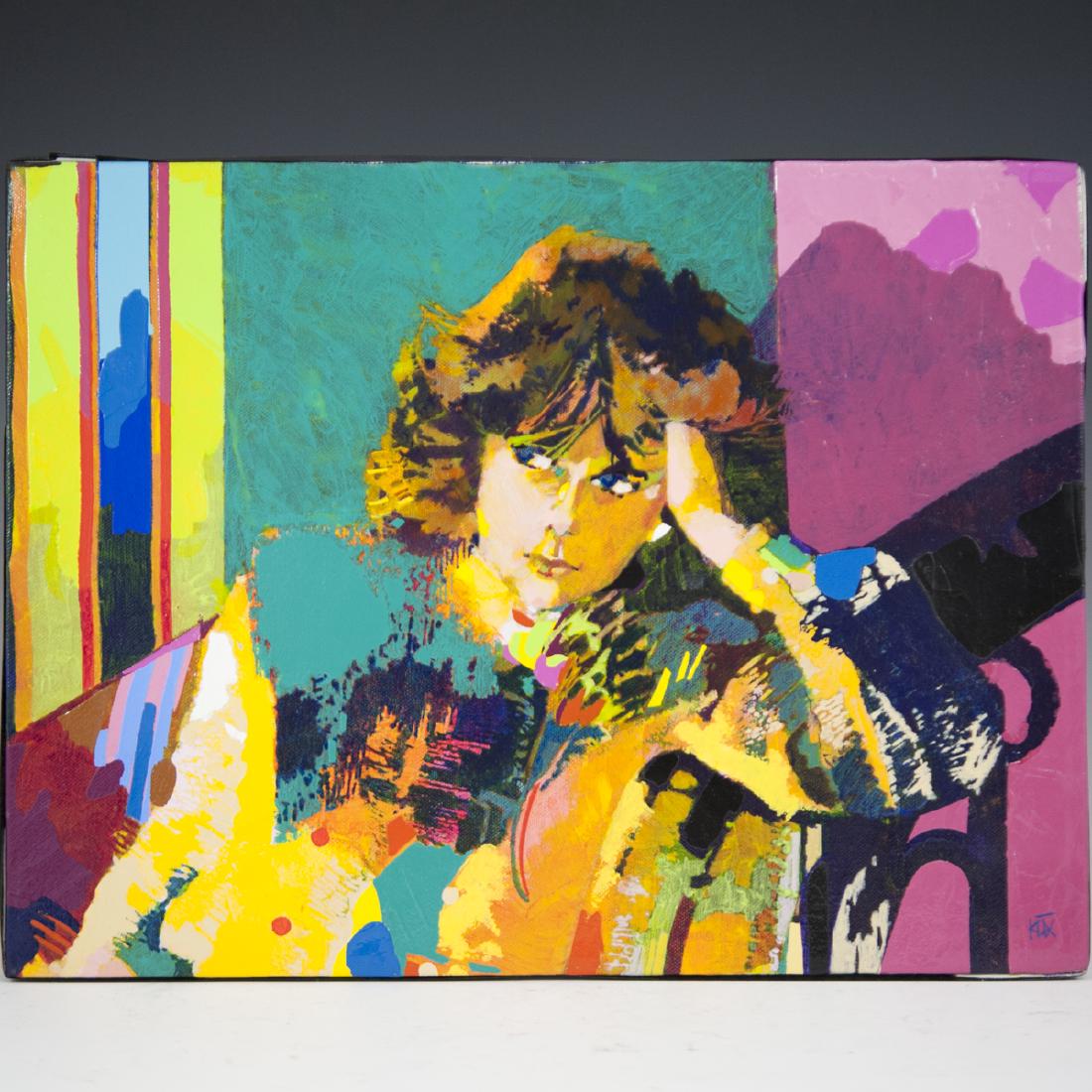 Richard Klix (American b. 1928): DESCRIPTION: An oil on canvas painting by Richard Klix titled: "Studying". Features a depiction of a young woman leaning on a chair with a frustrated expression. Painted in vibrant hues and signed alo