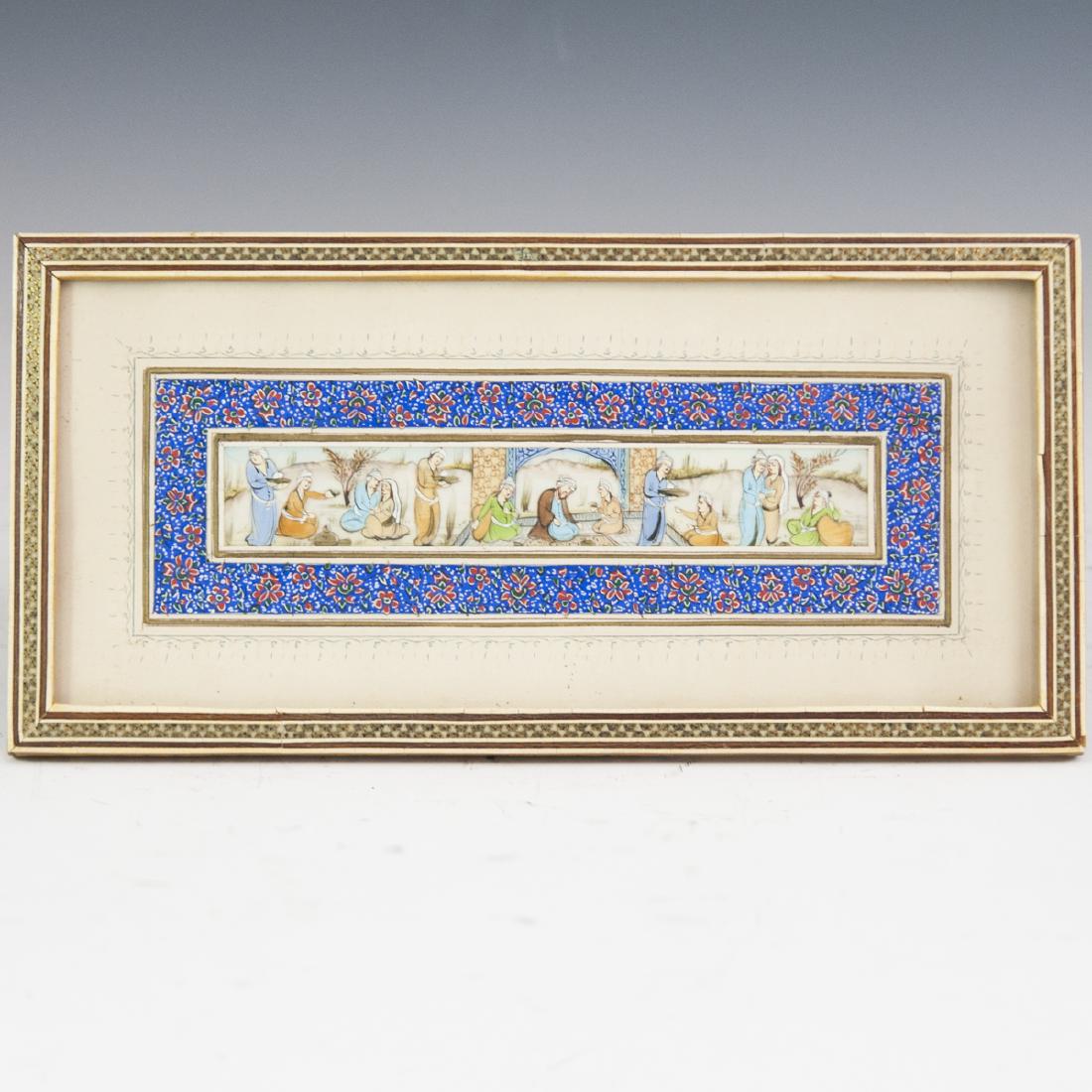 Antique Persian Painting on Bone: DESCRIPTION: An antique Persian painting on bone. Features scenes of regal figures in courtyards being catered to by servants. Finished with a traditional Khatam Persian frame. CIRCA: Late 19th-Early 