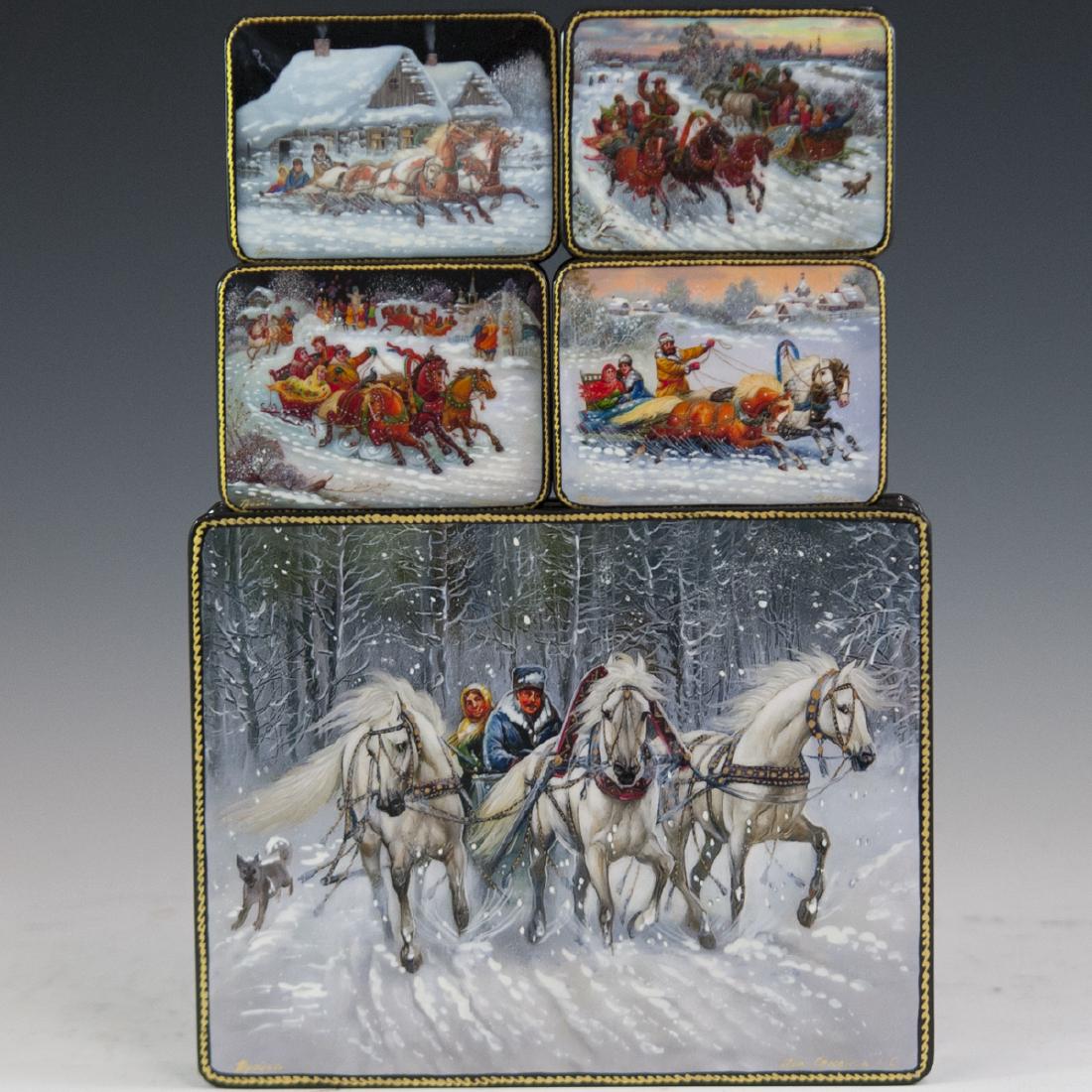 Russian Lacquered Papier Mache Troika Boxes (1 of 7)