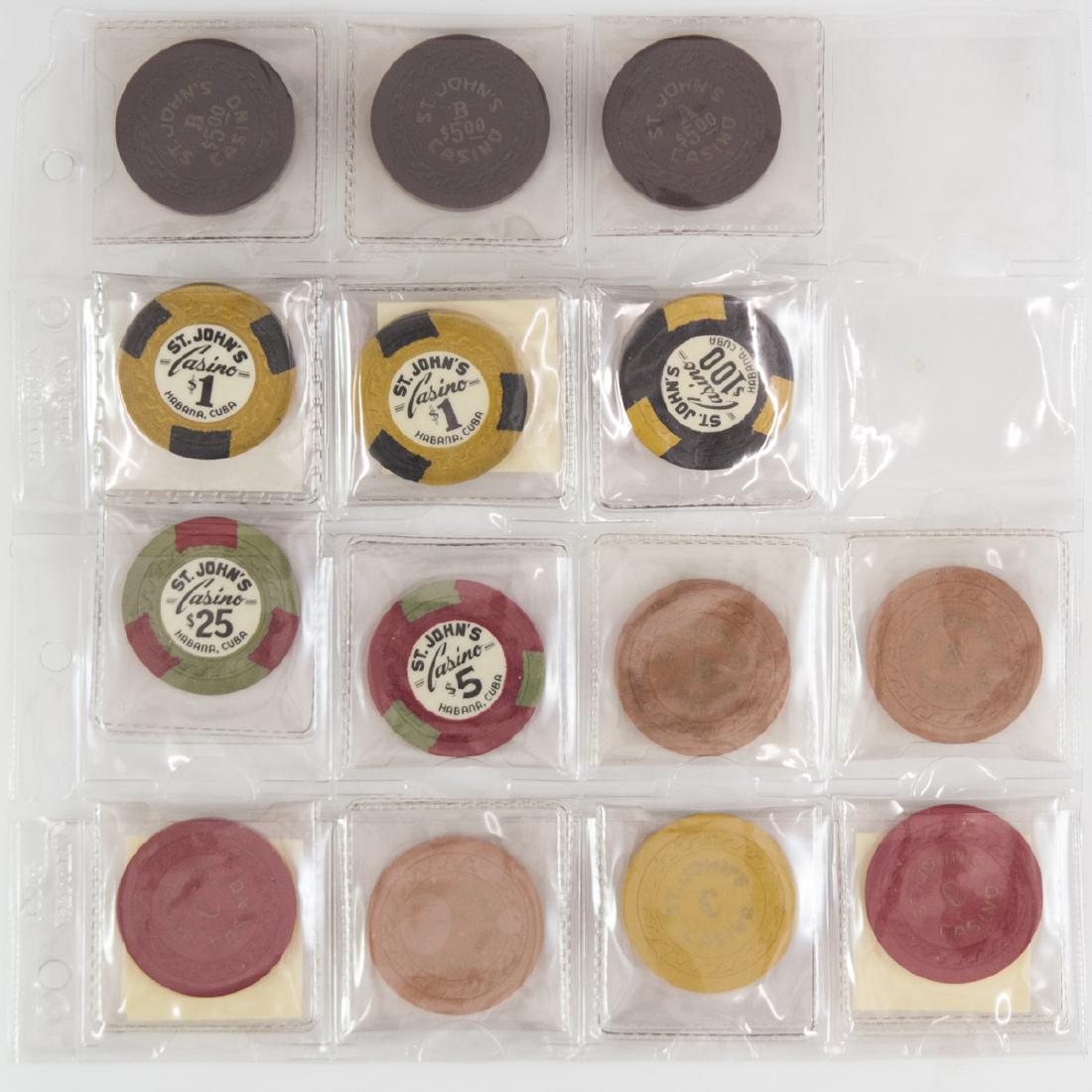 St. John's Casino Habana Chips: DESCRIPTION: A collection of 14 St. John's Casino, Habana Cuba, chips comprising of the following: - 2 "A" $5.00 chips - 1 "B" $5.00 Chip - 2 $1.00 chips - 1 $100.00 Chip. - 1 $25.00 chip. - 1 $5.00 c