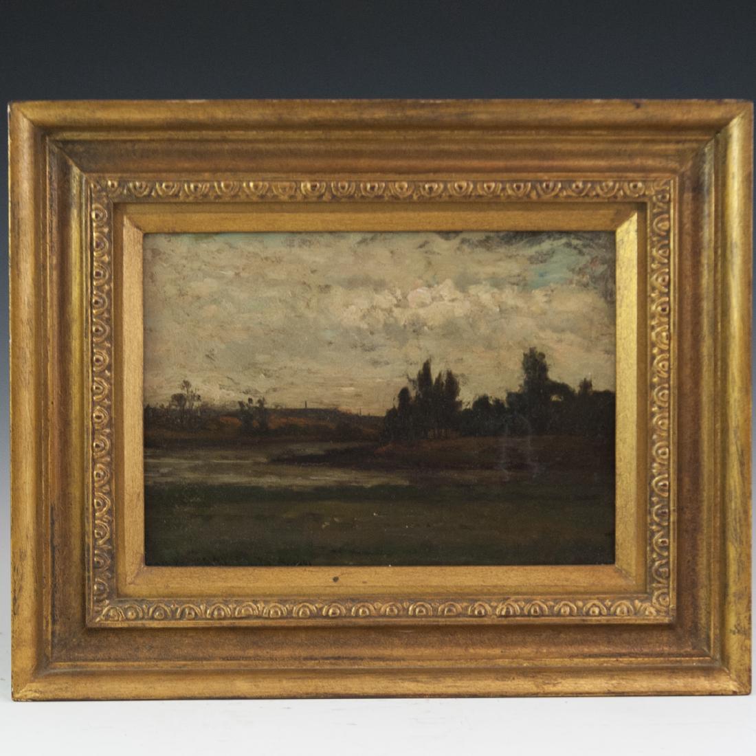 Robert Lorraine Pyne (American 1836-1905): DESCRIPTION: An oil on canvas painting titled:" East River, N.Y", by American artist, Robert Lorraine Pyne. Features a landscape rendering of the meandering river lined by trees and rolling hills. Sig