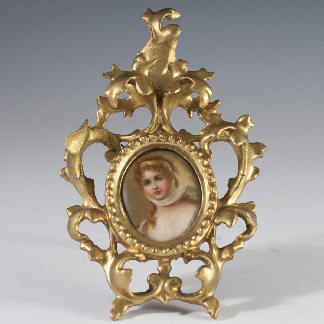 Italian Porcelain Portrait: DESCRIPTION: Hand Painted porcelain plaque of Konigin Louise, Luise von Mecklenburg-Strelitz, or Queen Louise of Prussia after the original by Gustav Karl Richter. Set in a gilded wood frame carved wi