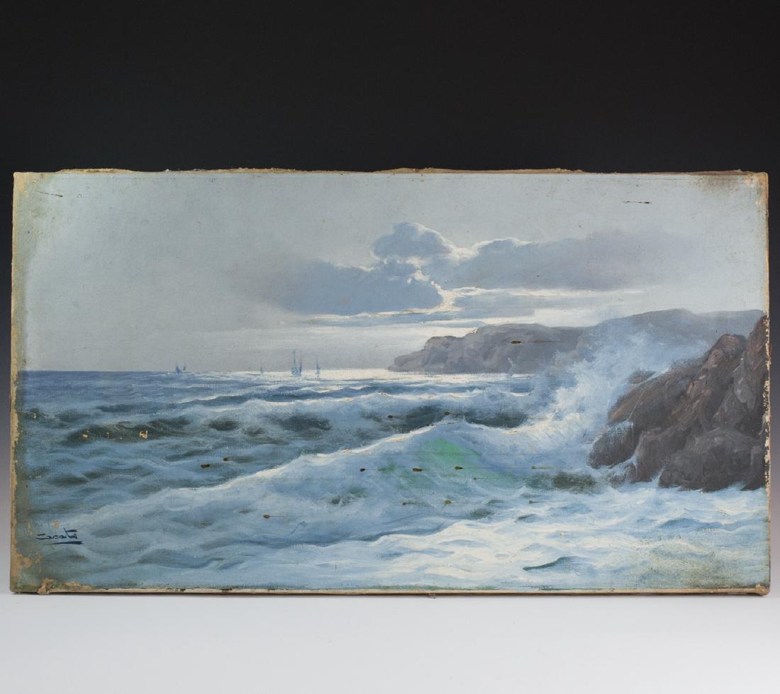 Carlo Casati (Italian 1889-1965): DESCRIPTION: An antique nautical, oil on canvas painting by Italian artist, Carlo Casati. Features a depiction of rough waves crashing into rocks along a shoreline, backed by a scene of sailboats and