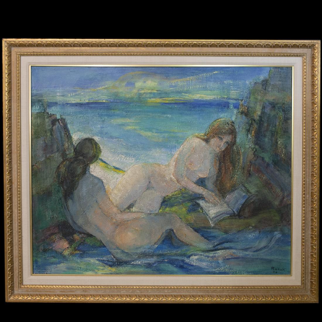 Iris Michelle Raquin (French B. 1933): DESCRIPTION: An oil on canvas painting by Iris Michelle Raquin. Features a depiction of two nude women seated in a cove reading books, backed by a sea shores. Set in a gilt wooden frame and signed:"Ra