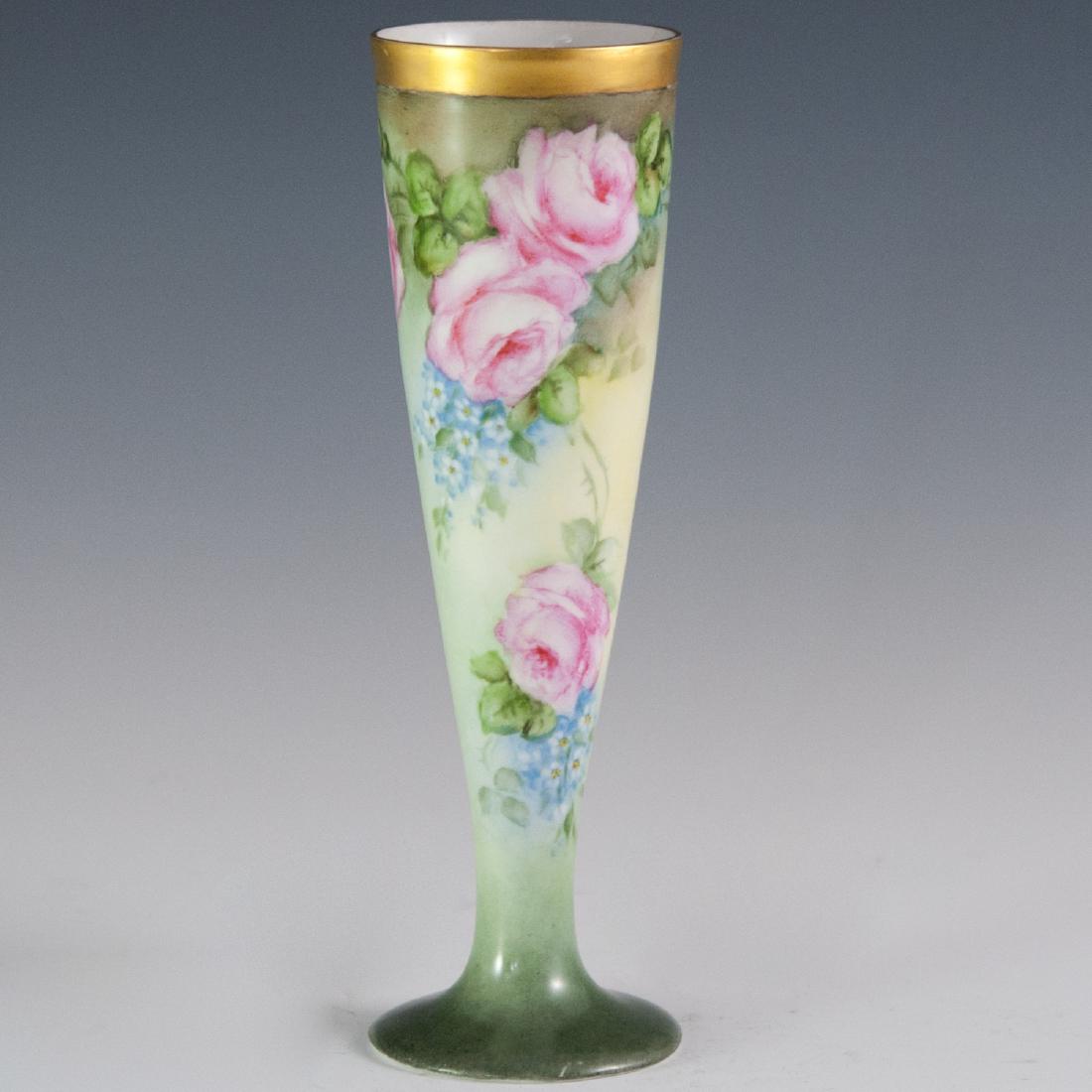 Oscar & Edgar Gutherz Royal Austria Porcelain Vase: DESCRIPTION: A Oscar and Edgar Gutherz Royal Austria Art Nouveau vase. Features an overall fluted form with a circular base embellished with rose floral motifs and a green base hue. Finished with gild