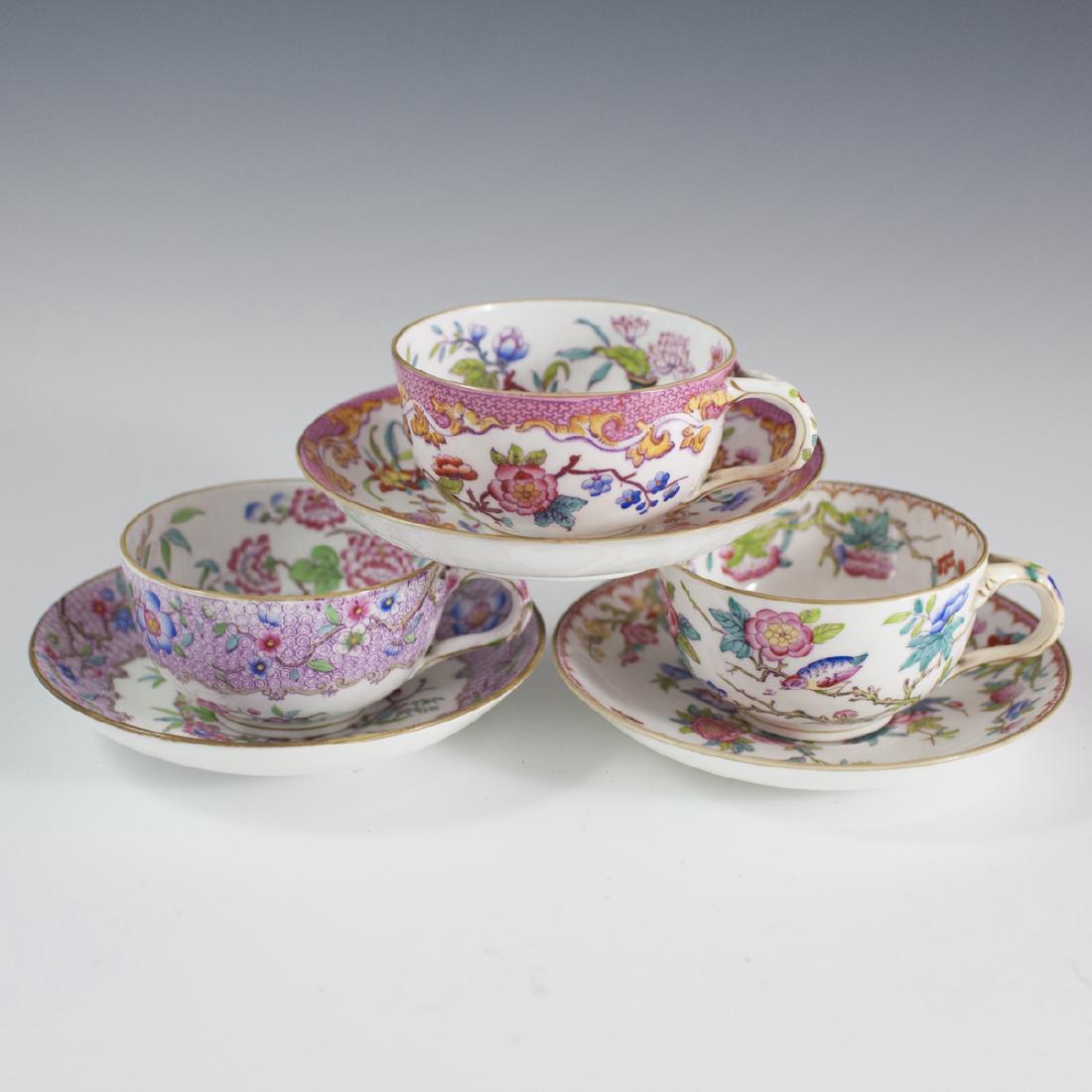 Antique Minton Porcelain Chinoiserie Teacups: DESCRIPTION: A set of three antique Minton porcelain teacups and saucers comprising of the following patterns: - 3970, embellished with enameled chrysanthemum flowers along the exterior, further garni