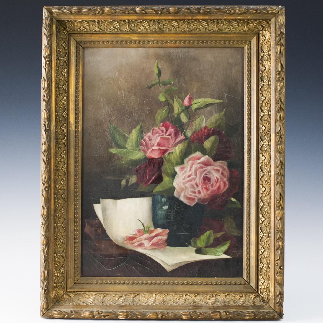 Antique Still Life Oil on Canvas Signed:"H M": DESCRIPTION: An antique still life oil on canvas painting. Features a depiction of a pot with arranged roses atop a table stop in a dimly lit room setting. Set in a gilded rococo style floral motif fr