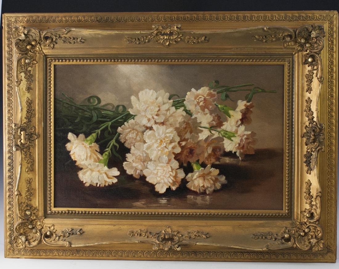 John Clinton Spencer (American 1861-1919): DESCRIPTION: An antique oil on canvas painting by Rhode Island artist, John Clinton Spencer. Features a depiction of white flowers with green stems stacked atop one another Signed along the lower left
