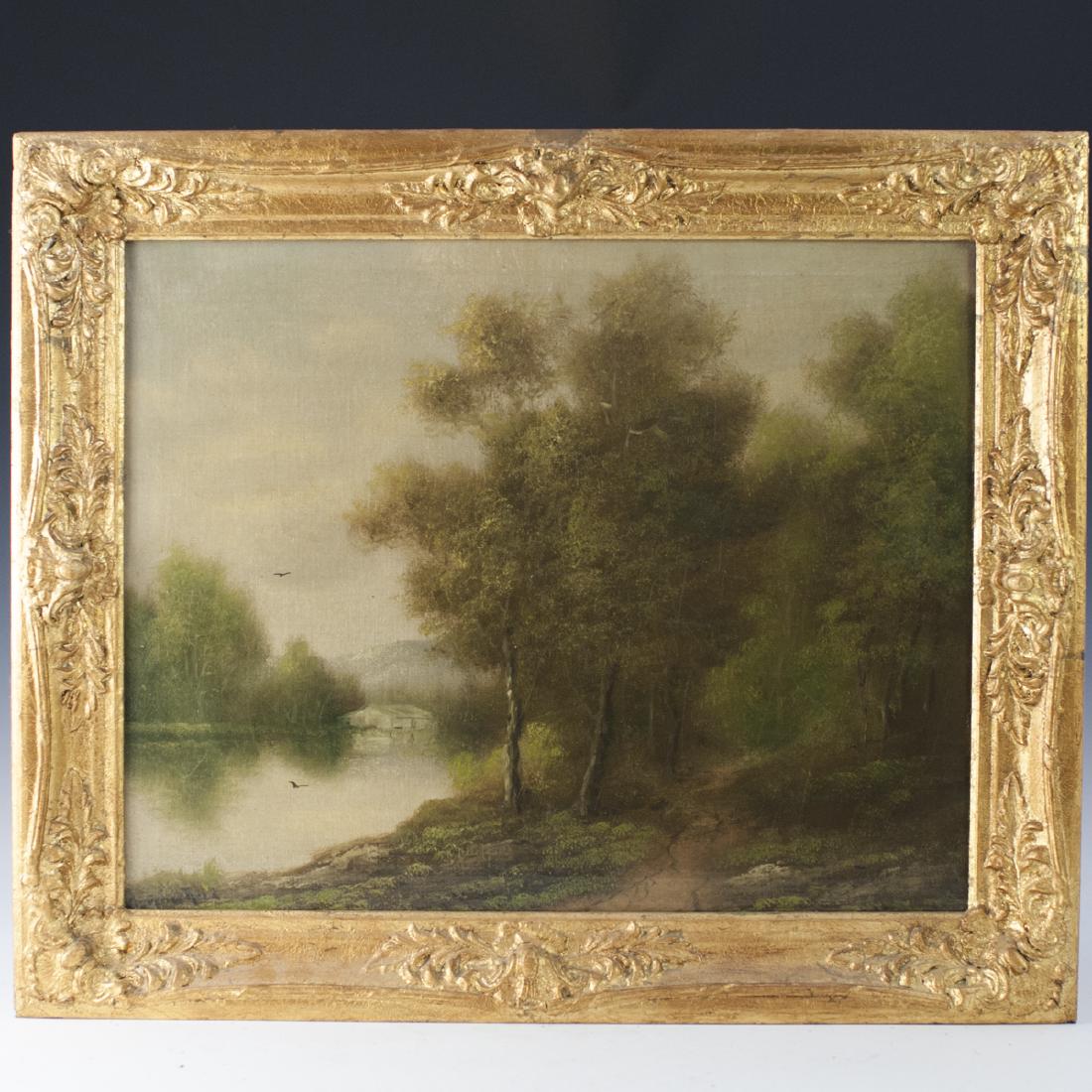 Antique Signed Landscape Oil On Canvas Painting: DESCRIPTION: An antique oil on canvas landscape painting. Features a meandering road along the right side, lined by tall trees, besides a pond. Finished with a mountainous landscape backdrop as well a