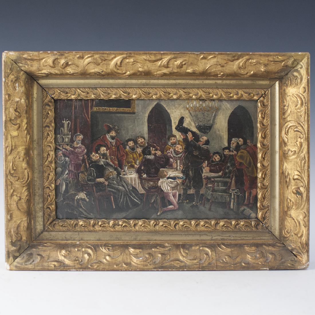 Antique German Oil on Panel Signed:"Al. Schwab": DESCRIPTION: An antique German oil on panel depicting a banquet scene of regal figures in a hall, drinking and laughing, as they spectate a man drinking from a leather boot. Set in a gilt wooden frame