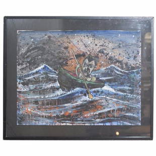 Luis Cruz Azaceta (Cuban/American b.1942-): DESCRIPTION: An acrylic and pastel on paper by Luis Cruz Azaceta. Features a depiction of a Cuban refugee in a rowboat maneuvering through rough seas to freedom. Signed:"Azaceta 89". CIRCA: Late 20th