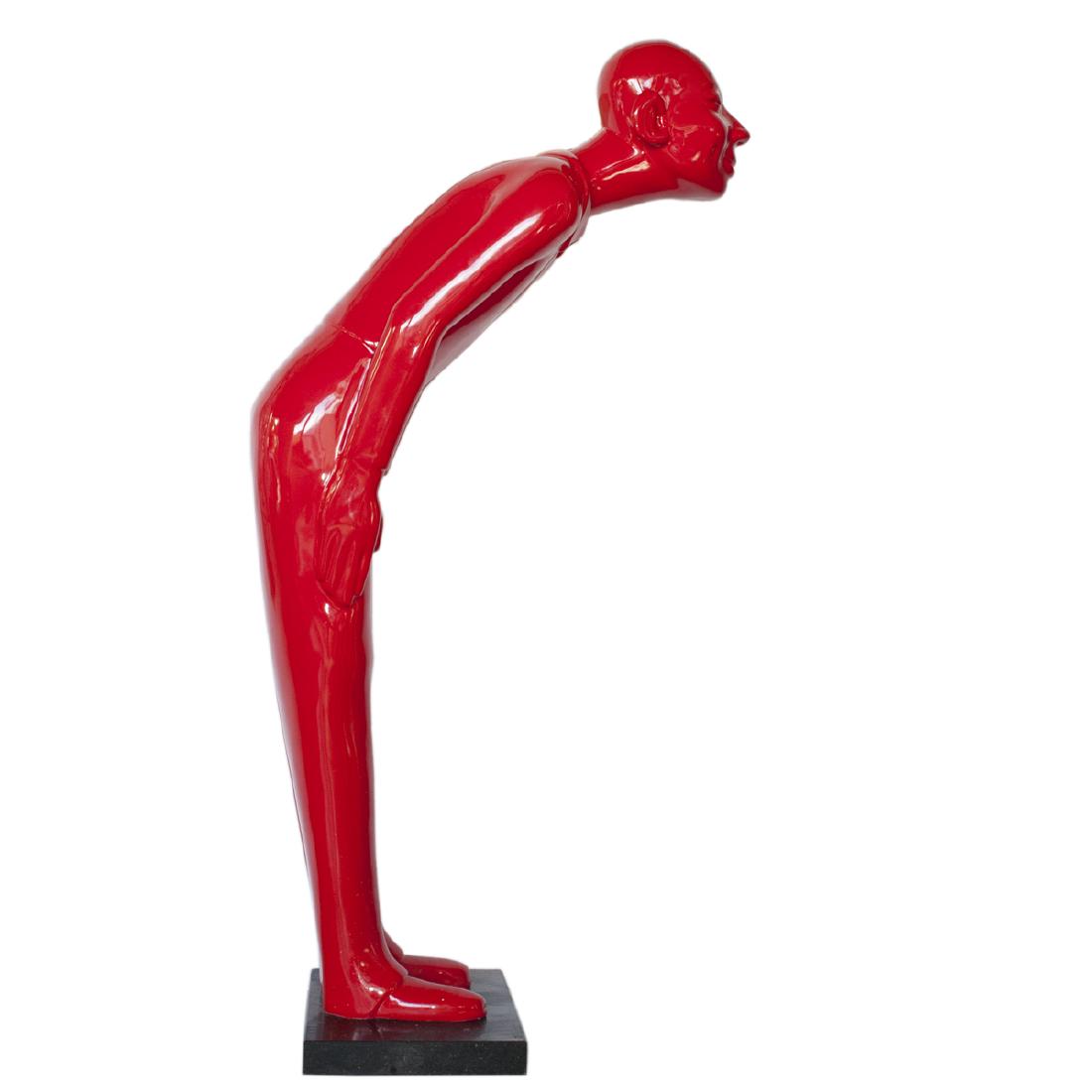 Attributed to Gao Xiaowu (Chinese b. 1976): DESCRIPTION: A fiberglass sculpture attributed to Gao Xiaowu. Features an overall red hued, fiberglass foundation designed in the manner of an affable, life sized man, politely bowing. Not signed. CIR
