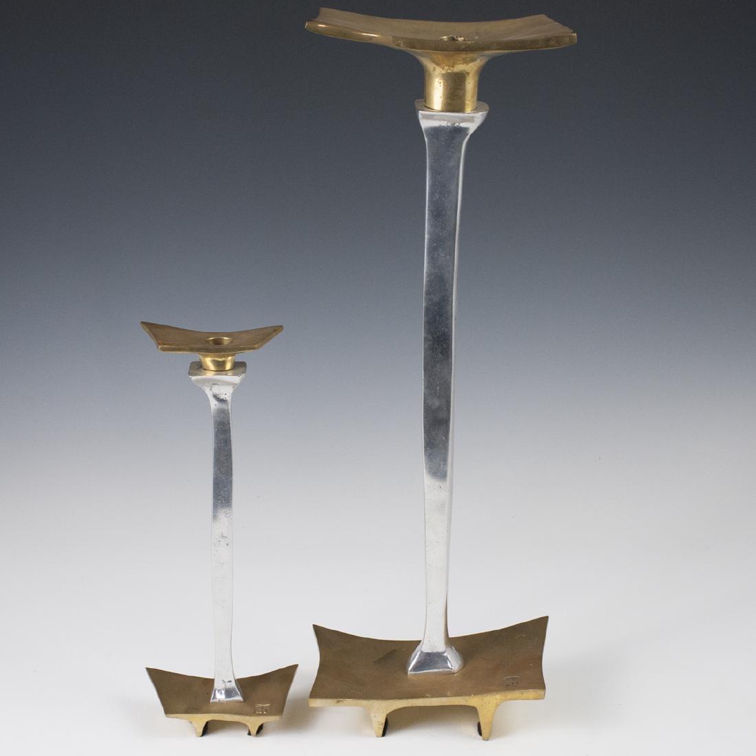 David Marshall "Cartuja" Candlesticks: DESCRIPTION: A pair of David Marshall, "Cartuja" patterned, mixed metal candlesticks. Features brass bases, aluminum stems, and further brass along the the tops. Stamped with David Marshall marks. CIR