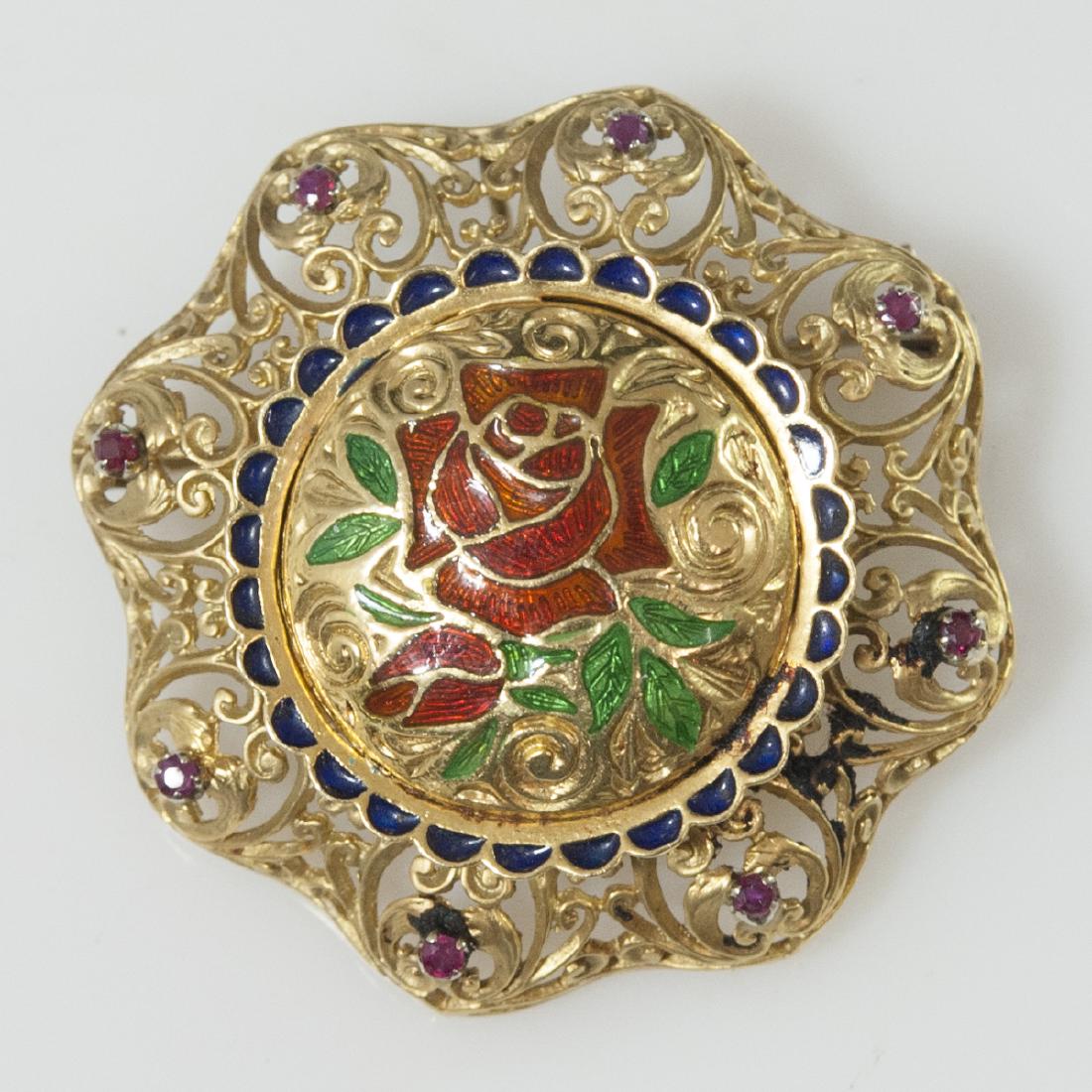 Italian 18kt Enameled Gold & Ruby Brooch (1 of 4)