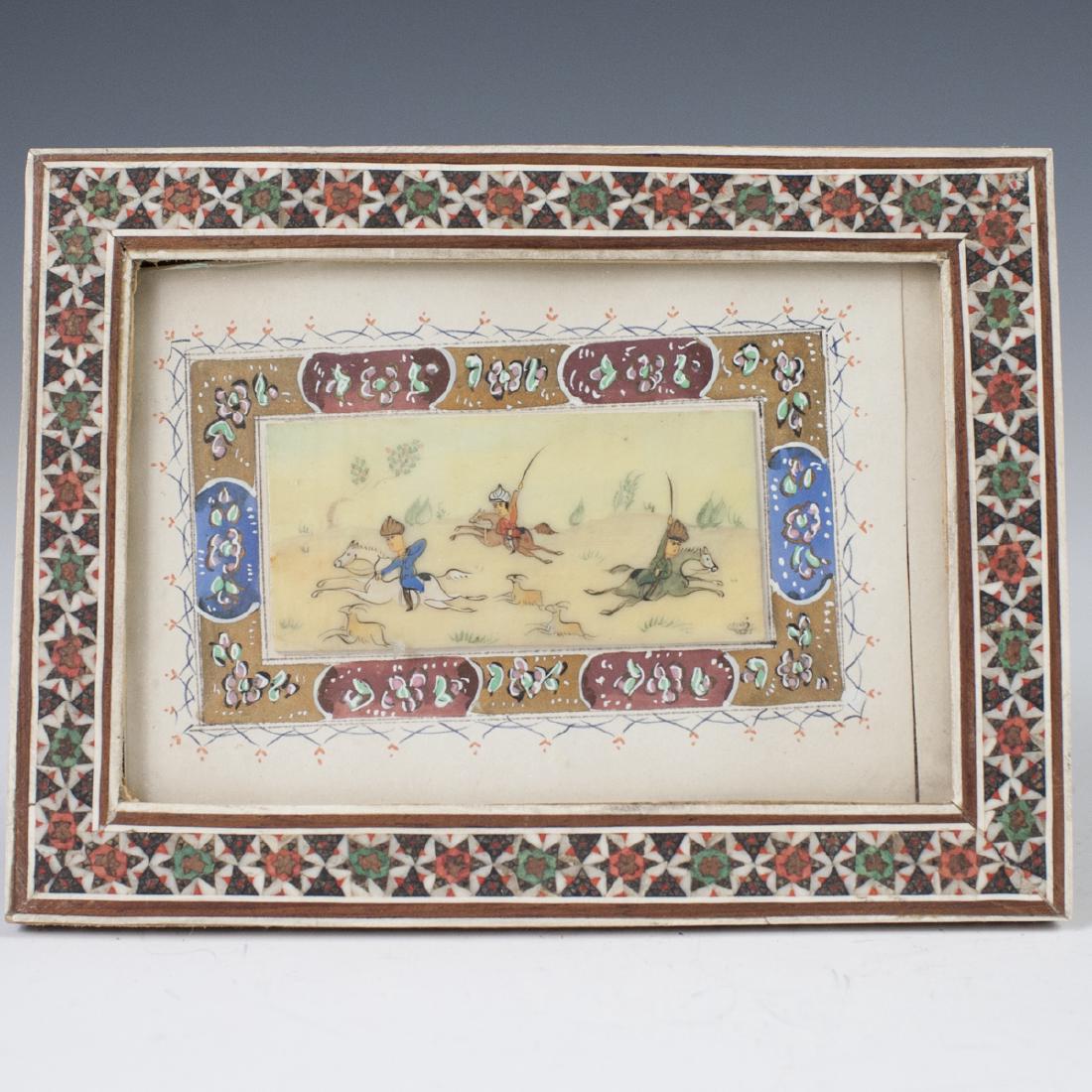 Persian Miniature Painting on Bone: DESCRIPTION: A Persian miniature painting on bone. Features a depiction of three regal figures on horseback, one with a bow and arrow, the other two with swords, hunting running gazelles. Enveloped by