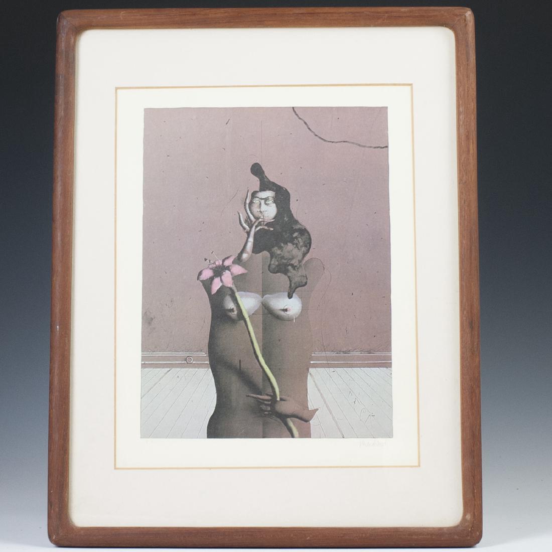 Paul Wunderlich (German 1927-2010): DESCRIPTION: A Paul Wunderlich, lithograph. Features a depiction of an obscure nude woman wielding a flower. Signed although the signature appears to be printed. CIRCA: Late 20th Ct. ORIGIN: Germany D