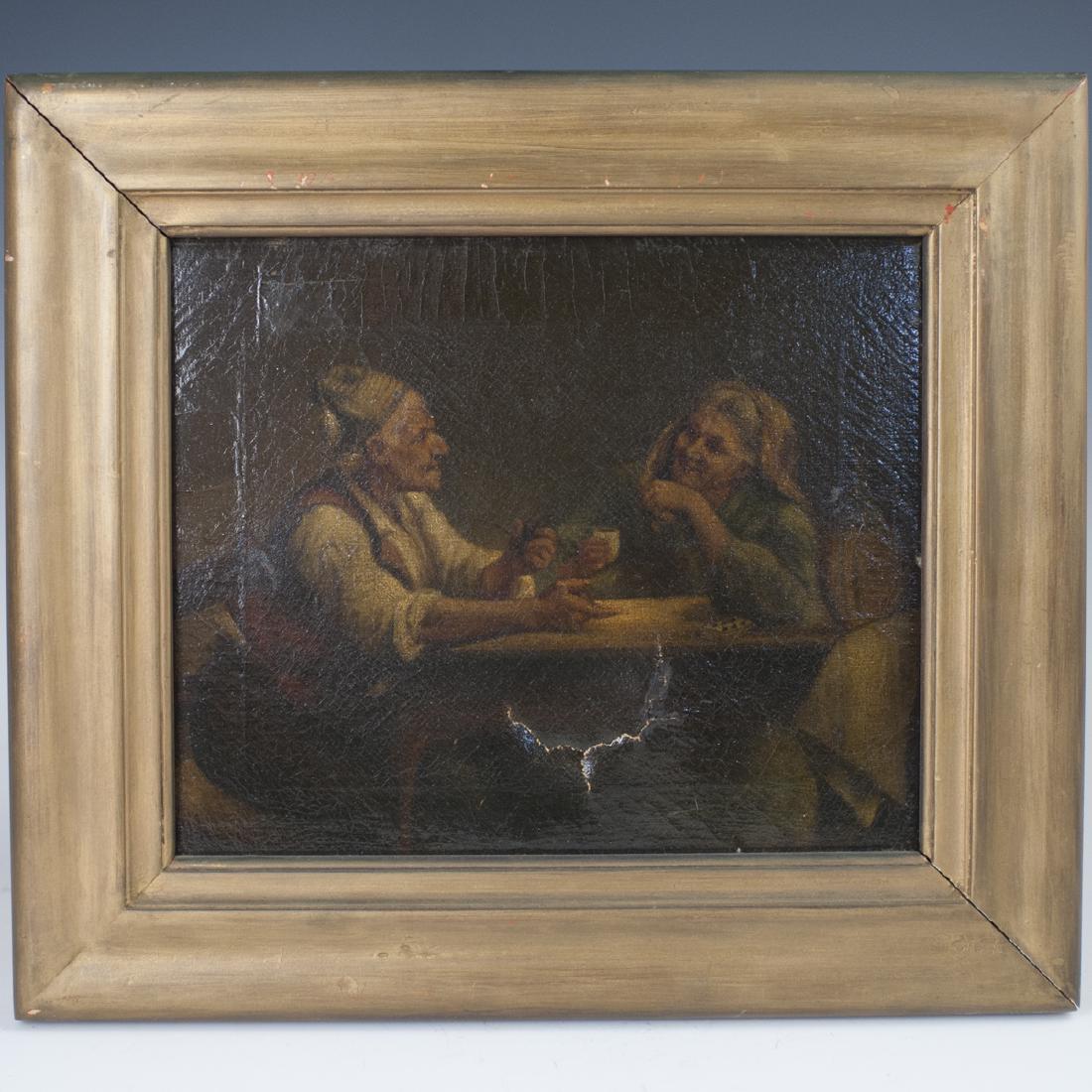 Antique Dutch Oil on Canvas: DESCRIPTION: An antique Dutch oil on canvas painting. Features a depiction of an elder couple drinking at table, set in a dimly lit setting.. Not signed. Set in a gilt wooden frame. CIRCA: Late 18th-E