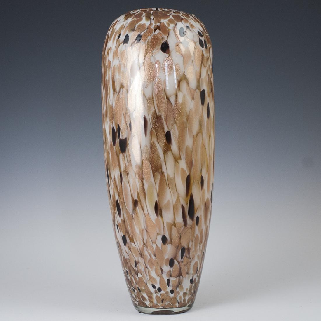Murano Glass Copper Aventurine Vase: DESCRIPTION: A Murano glass vase embellished with aventurine copper toned glitter detailing and brown and beige hued spots. Finished in an overall tapering, cylindrical form. CIRCA: Mid-Late 20th Ct. 