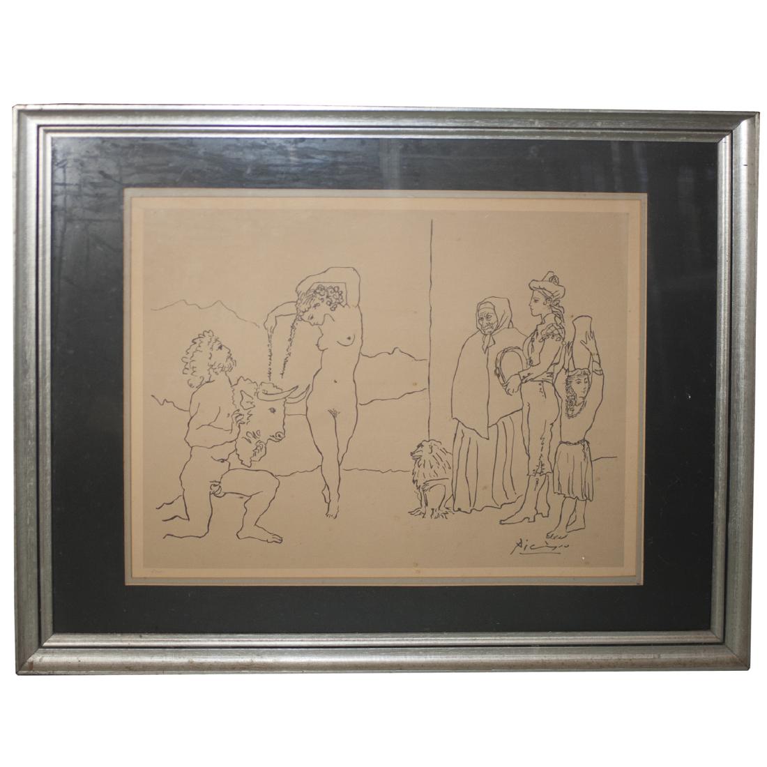 Attributed to Pablo Picasso (Spanish 1881-1973): DESCRIPTION: A lithograph of an etching, attributed to Pablo Picasso. Features an abstract Bacchanal scene of religious figures onlooking a nude woman and man, weilding an ox head in his hand. Signed 