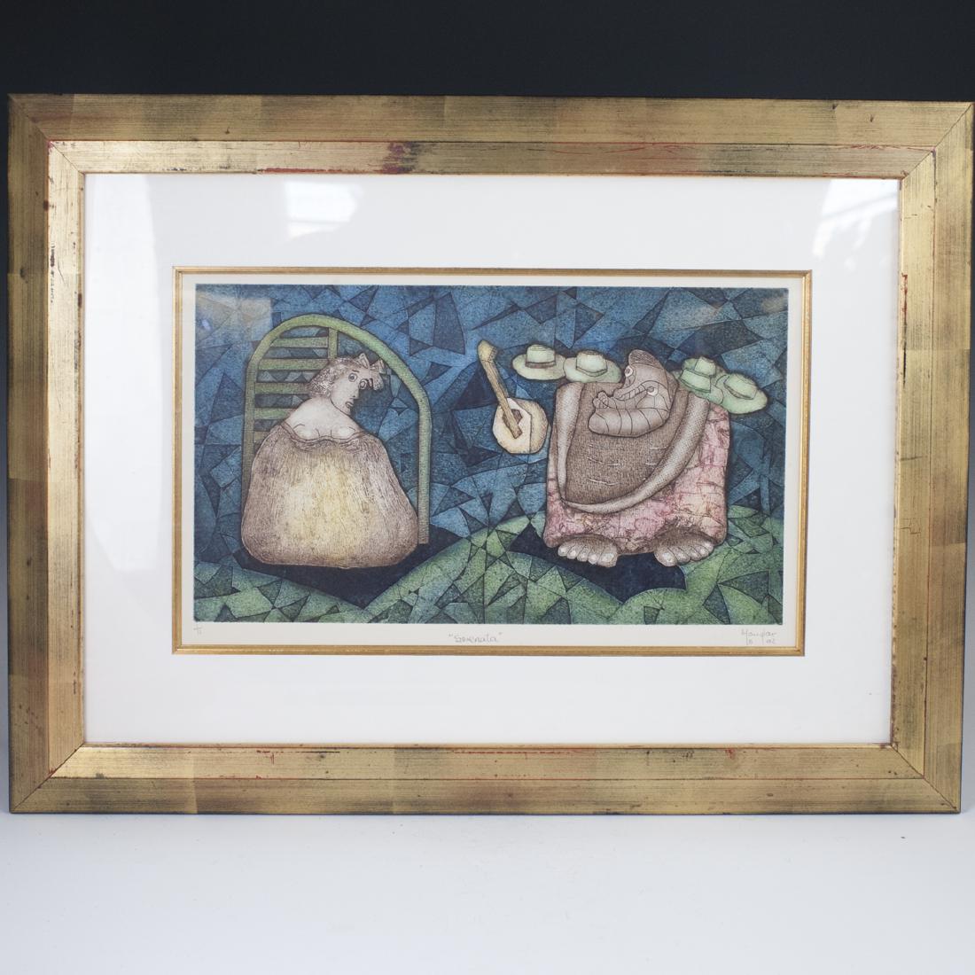 Serenata" Lithograph Signed "Mauglar: DESCRIPTION: A color lithograph titled:"Serenata" depicting an abstract scene of a woman seated beside a beast centered by a floating banjo. Pencil signed along plate:"1/11 Serenata Mauglar 5 02". CIR