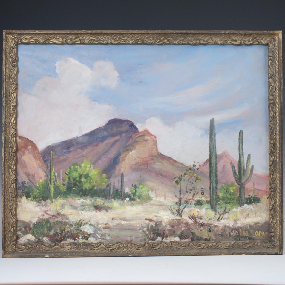 Jo Rodke (American 1893-1978): DESCRIPTION: An oil on masonite painting by American artist, Jo Rodke. Features a depiction of a Western desert valley scene, backed by a mountainous landscape backdrop. Signed along the lower right c