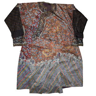 Chinese Silk Kimono: DESCRIPTION: A Chinese hand embroidered, silk kimono. Features embroidered scenes of soaring five finger dragons enveloped by clouds and flaming orbs. The bottom features a vibrantly hued waved and st