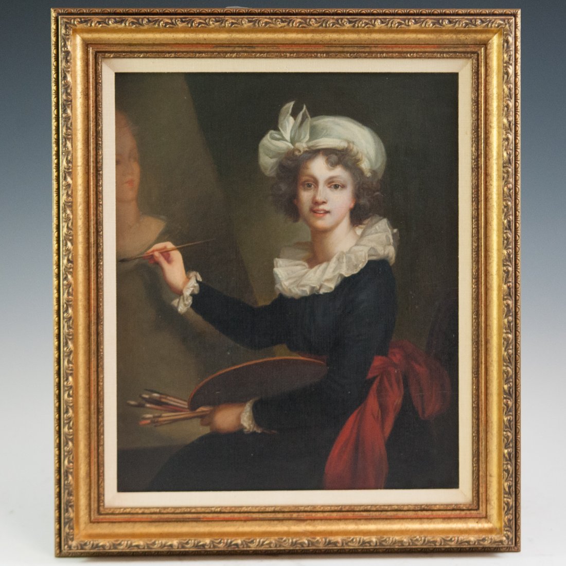 In the Manner of Vigee Lebrun (French 1755-1842): An oil on canvas, mounted on board, of a famous self portrait by Vigee Lebrun painting French Queen Marie-Antoinette. Signed in pencil along the back:"Jungkels".