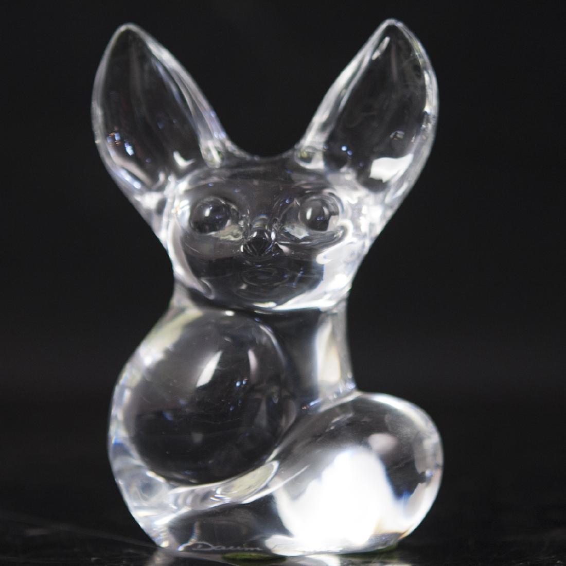 Daum Crystal Fox: DESCRIPTION: A Daum, clear crystal fox figurine. Marked along the underside:"Daum France". CIRCA: Late 20th Ct. ORIGIN: France DIMENSIONS: H:5.25" L:3.25" W:2.25" CONDITION: Great condition. See lot d