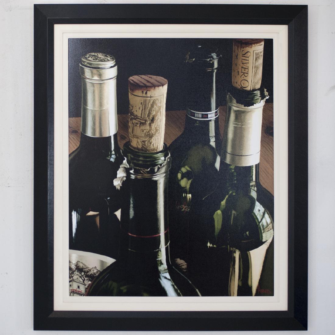 Thomas Arvid "Three Down" Giclee on Canvas: DESCRIPTION: A Thomas Arvid (American 20th|21st Ct.), giclee on canvas titled:"Three Down". Features a still life depiction of the open bottles of wine, and one still sealed. Set in an ebonized frame 