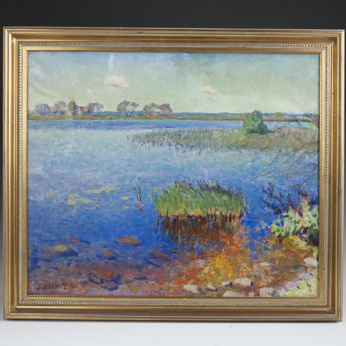 Joel Levitt (American, 1875-1937): DESCRIPTION: An oil on panel paysage landscape painting by Joel Levitt. Features a depiction of a marsh, backed by a landscape scene in vibrant hues. Set in a gilt wooden frame and signed along the bo