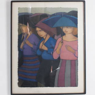 Andrew Stevovich (American b. 1948): DESCRIPTION: A pastel on paper by Andrew Stevovich. Features a depiction of figures, beneath the canopy of umbrellas. Signed along the bottom left corner:"Andrew Stevovich 1984". CIRCA: 1984 ORIGIN: U