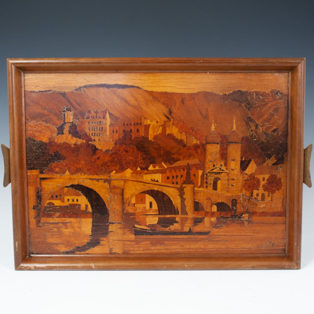 Italian Marquetry Inlaid Tray: DESCRIPTION: An Italian marquetry inlaid wooden tray. Features in wooden inlay, highly detailed scene of a bridge leading leading towards the entrance of a Mountain side city, possibly Bassano del Gra