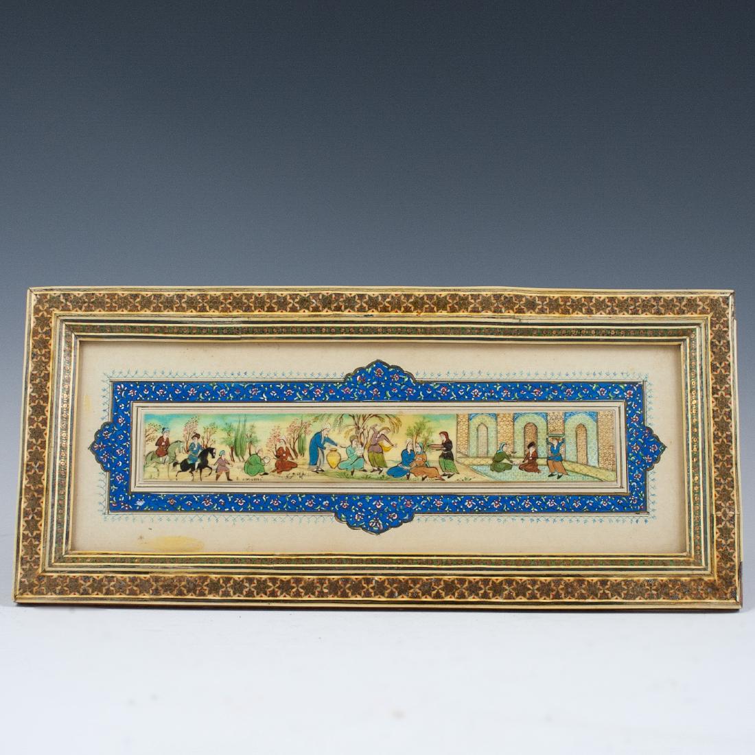 Persian Painting on Bone Signed:"E. Omumi": DESCRIPTION: A Persian painting on bone. Features a depiction of of figures eating, wielding baskets, and standing amongst an Islamic structure, backed by an arid desert landscape. Signed:"E. Omumi" a