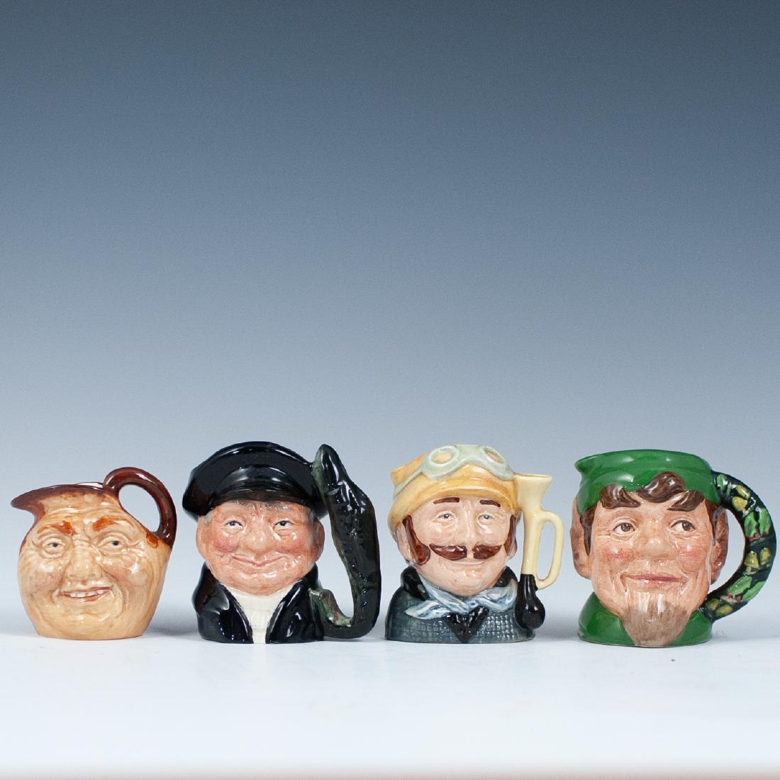 Royal Doulton Figural Miniature Jugs: DESCRIPTION: A set of four Royal Doulton, miniature figural jugs composed of the following: - 1 "Veteran Motorist". - 1 "Lobster Man" - 1 "Elf". - 1 smiling drunkard. Each is finished with gloss glaze
